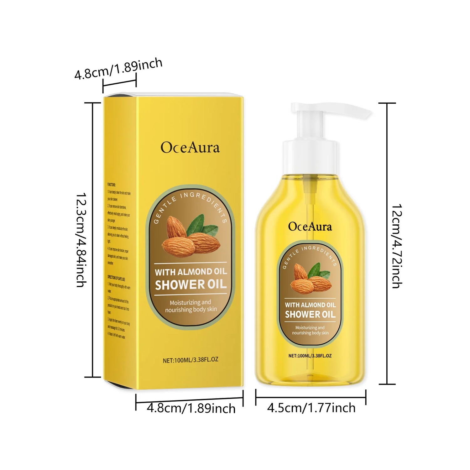 OceAura almond oil shower oil bottle and packaging with measurements on a white background