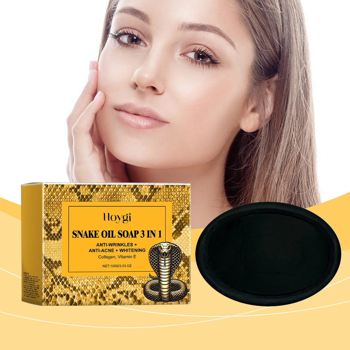 Hoygi Snake Oil Soap 3 in 1 packaging with a woman's face and black soap bar on a yellow background
