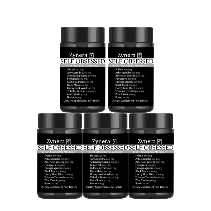 Five black Zynera 'Self Obsessed' supplement containers on a white background