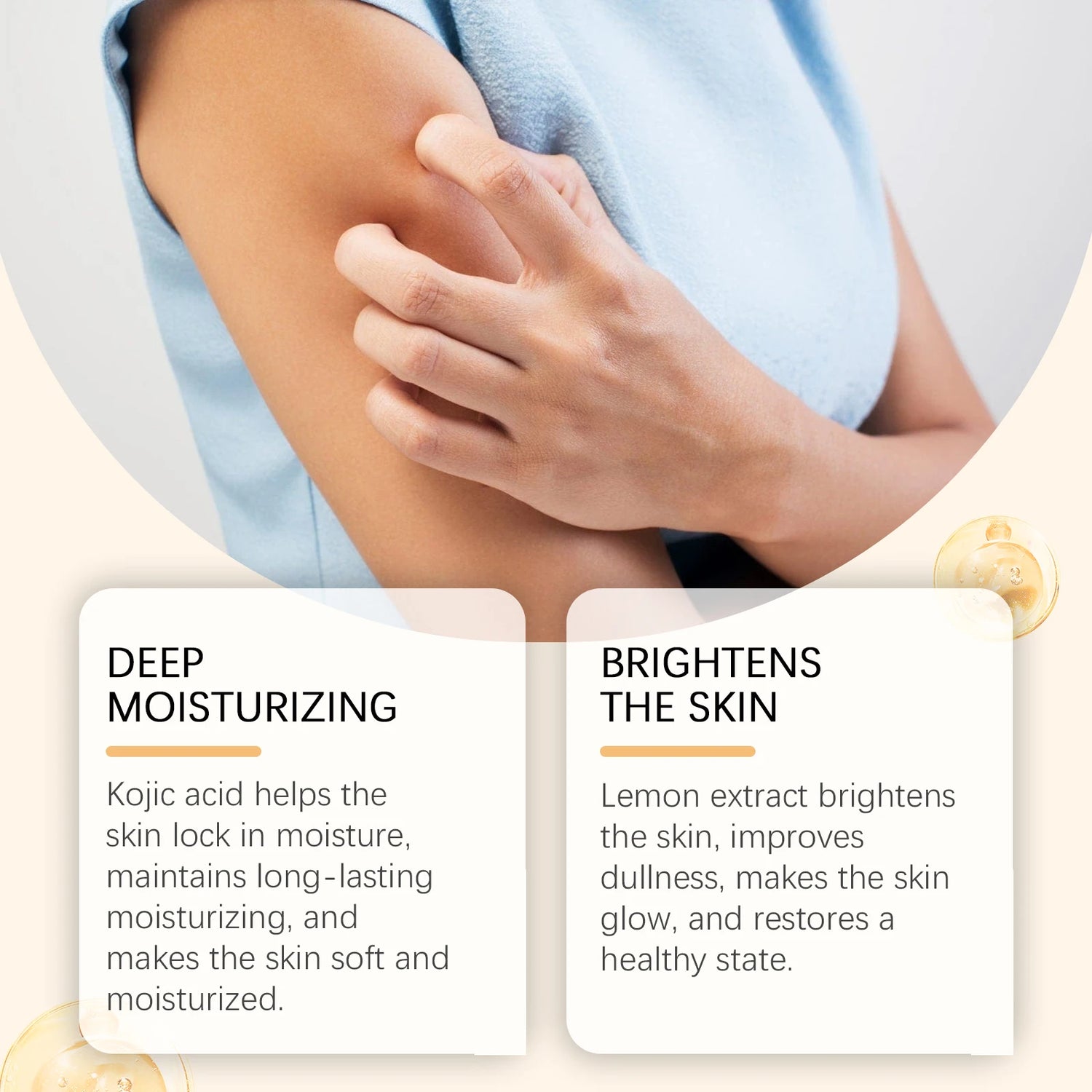 Person holding arm with text on deep moisturizing and brightening skin benefits