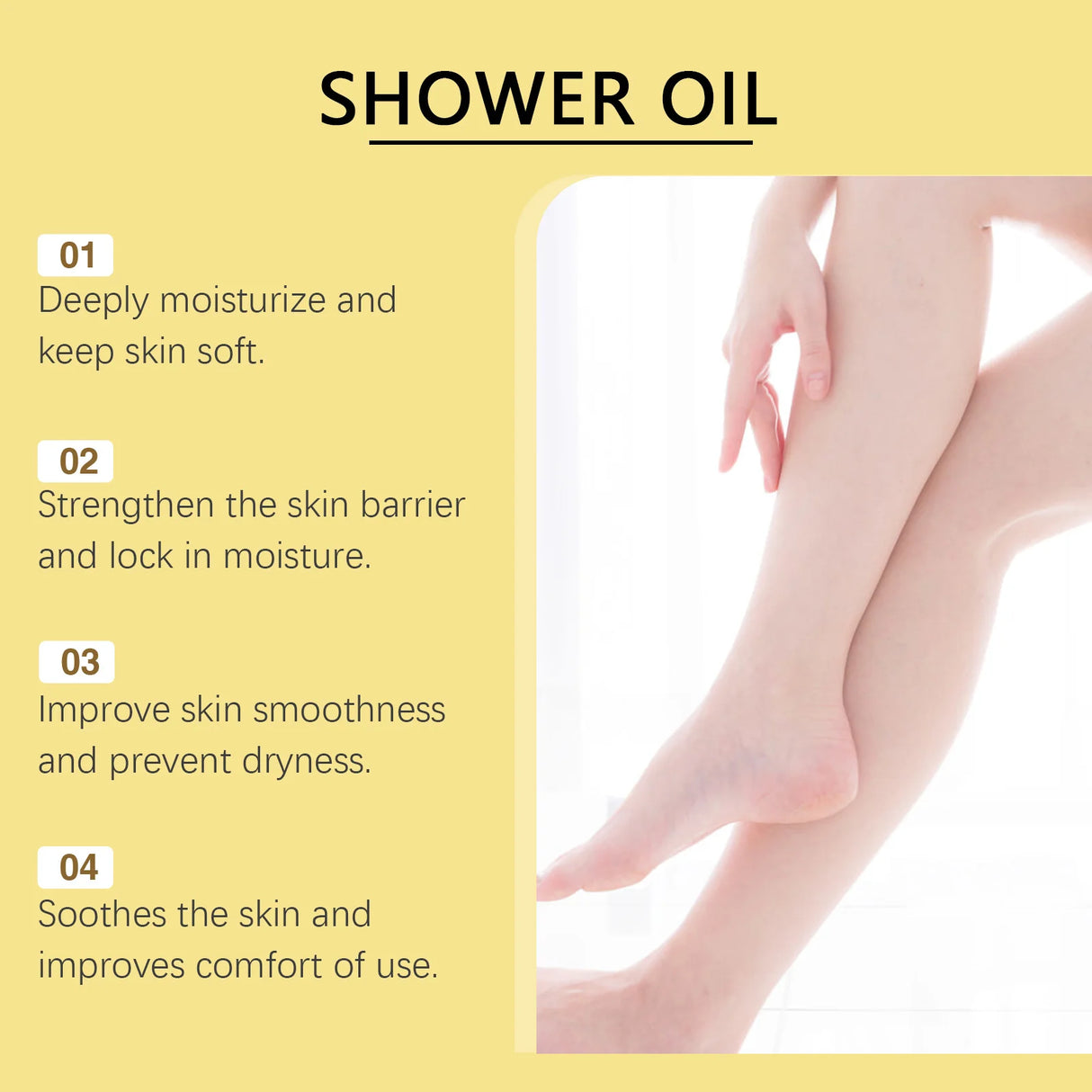 Advertisement for shower oil with text and a close-up of skin.
