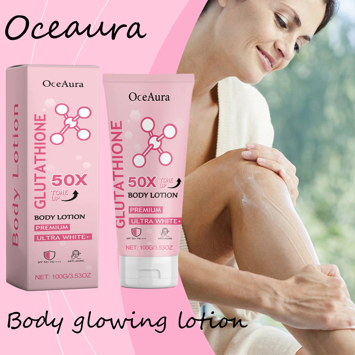 OceAura Glutathione body lotion packaging with a woman applying lotion on her arm.