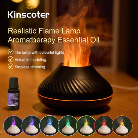 Realistic flame lamp aromatherapy essential oil diffuser with colorful lights on a wooden surface.