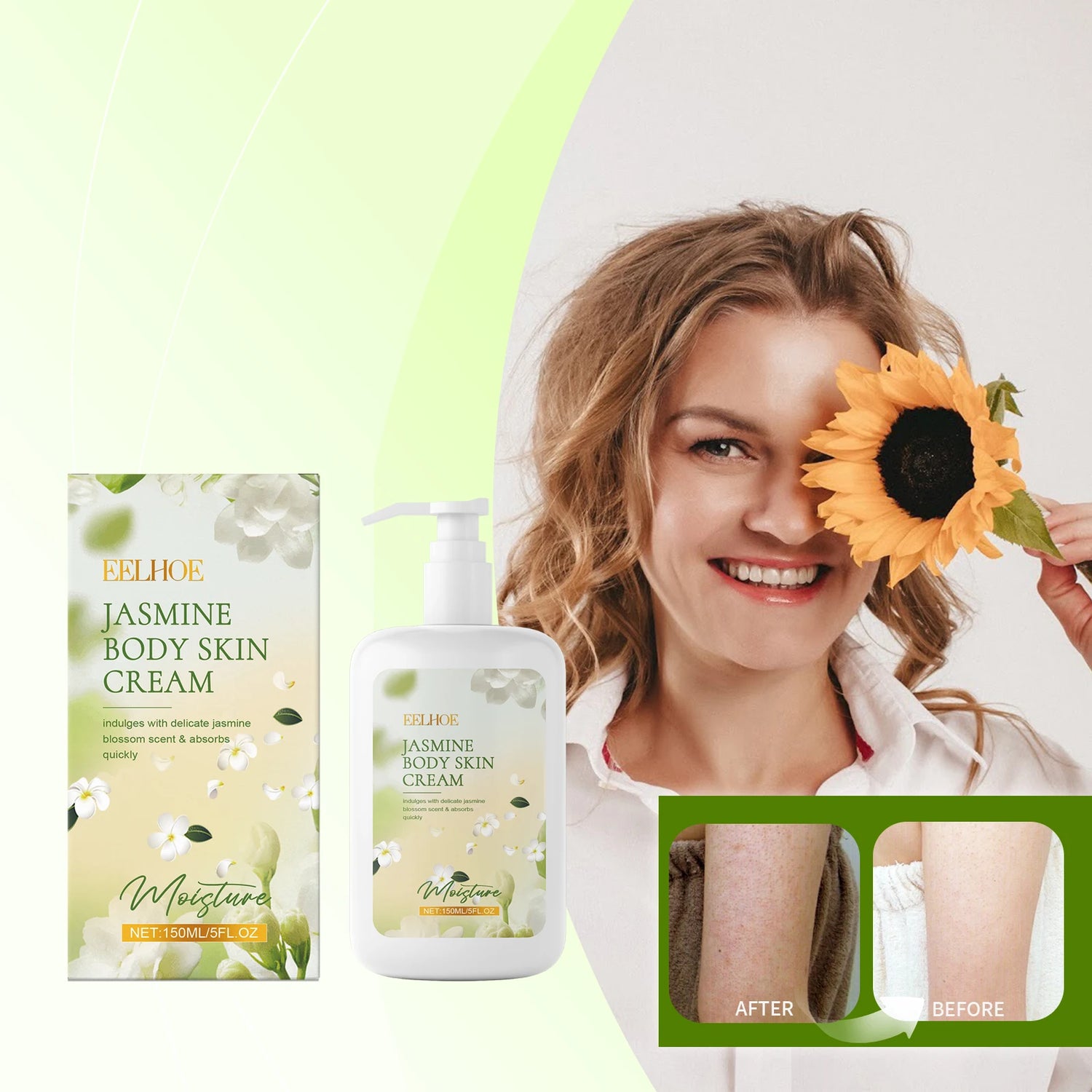 Felhoe Jasmine Body Skin Cream packaging and pump bottle with a woman using the product.