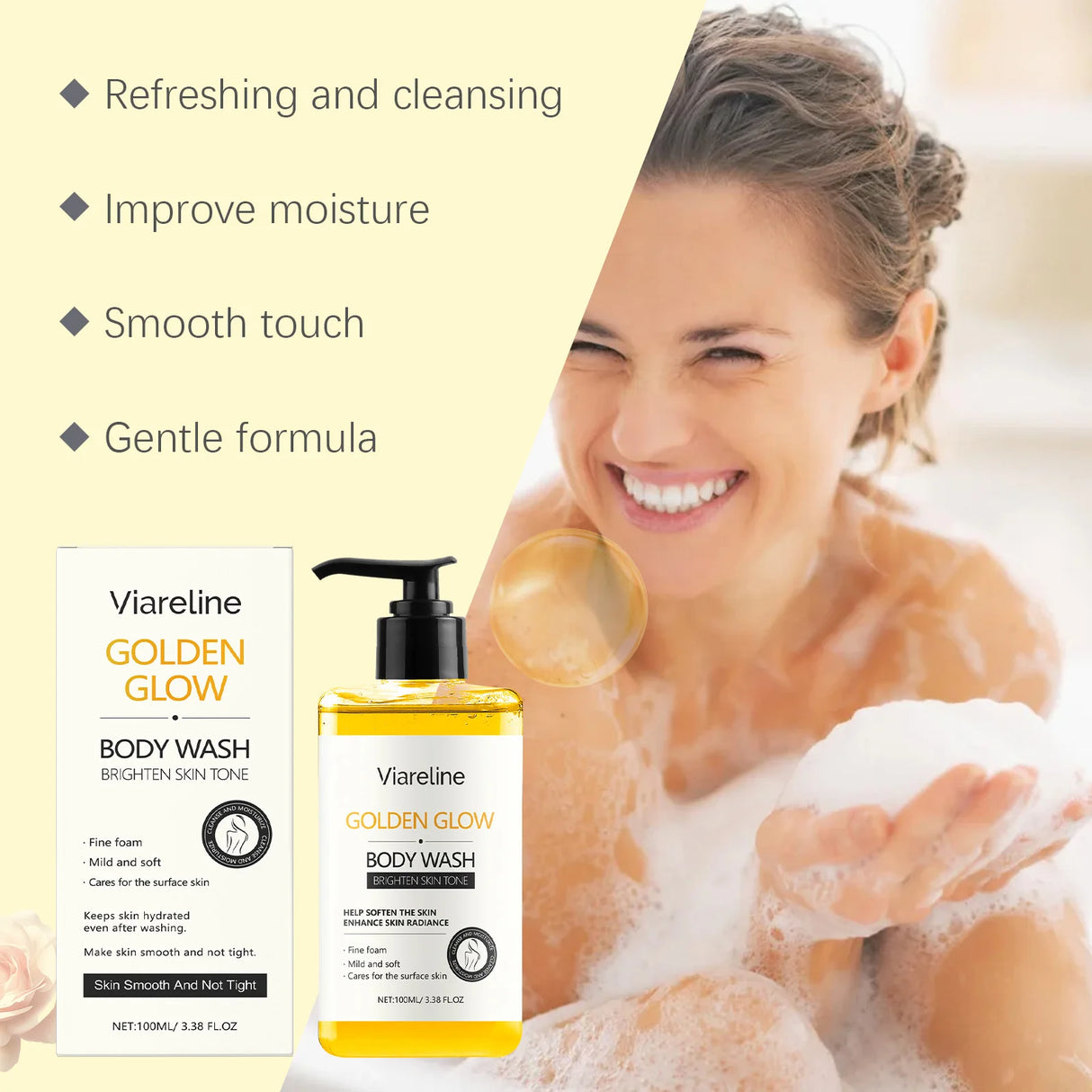 Viareline Golden Glow body wash with a woman in a bubble bath, highlighting refreshing and cleansing benefits.