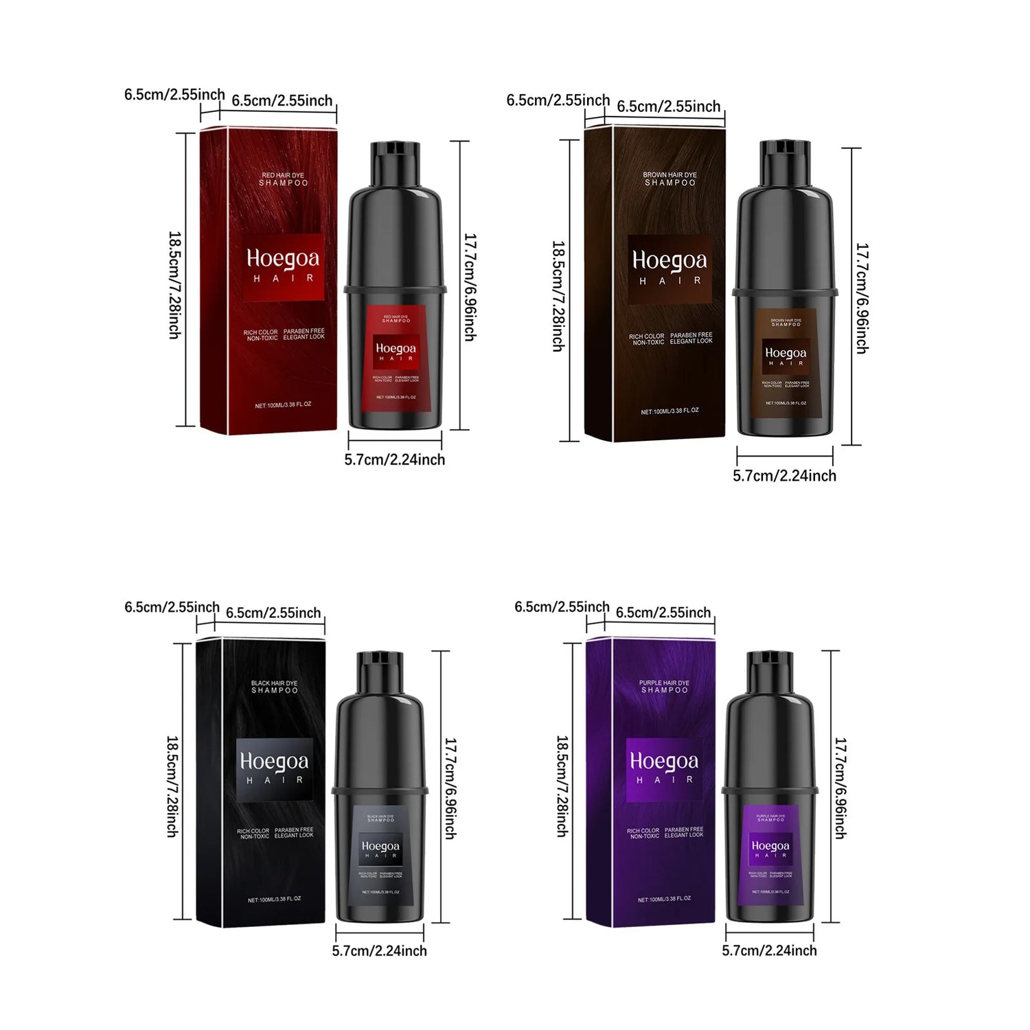 Dimensions of Hoegoa hair care products including shampoo bottles and boxes on a white background