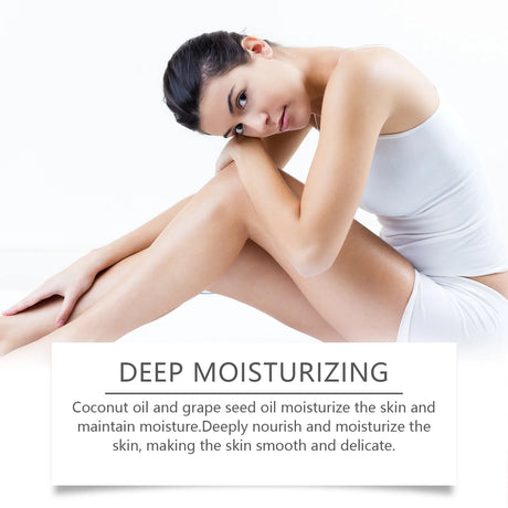Woman with smooth skin sitting on a white background with text about deep moisturizing.