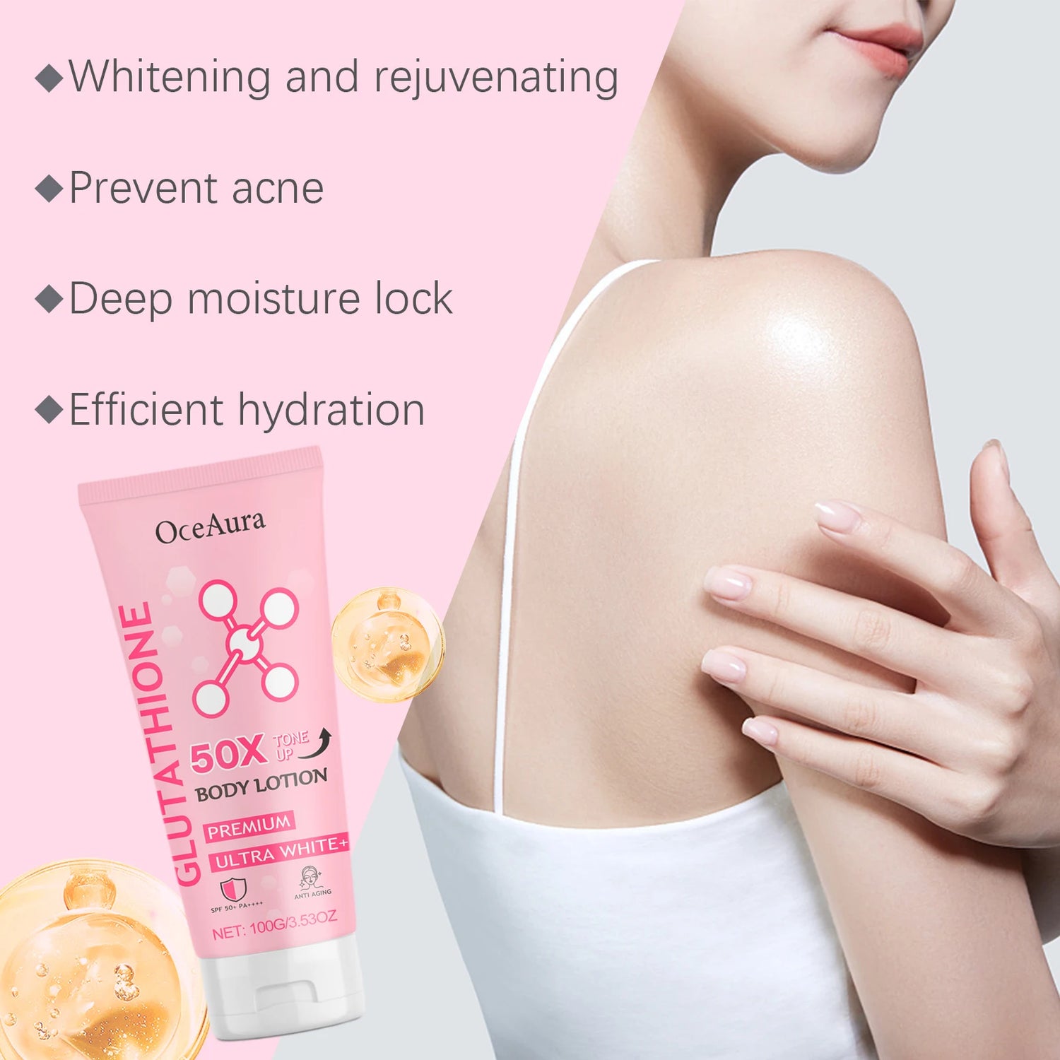 OceAura Glutathione body lotion with a woman applying lotion to her arm on a pink background.