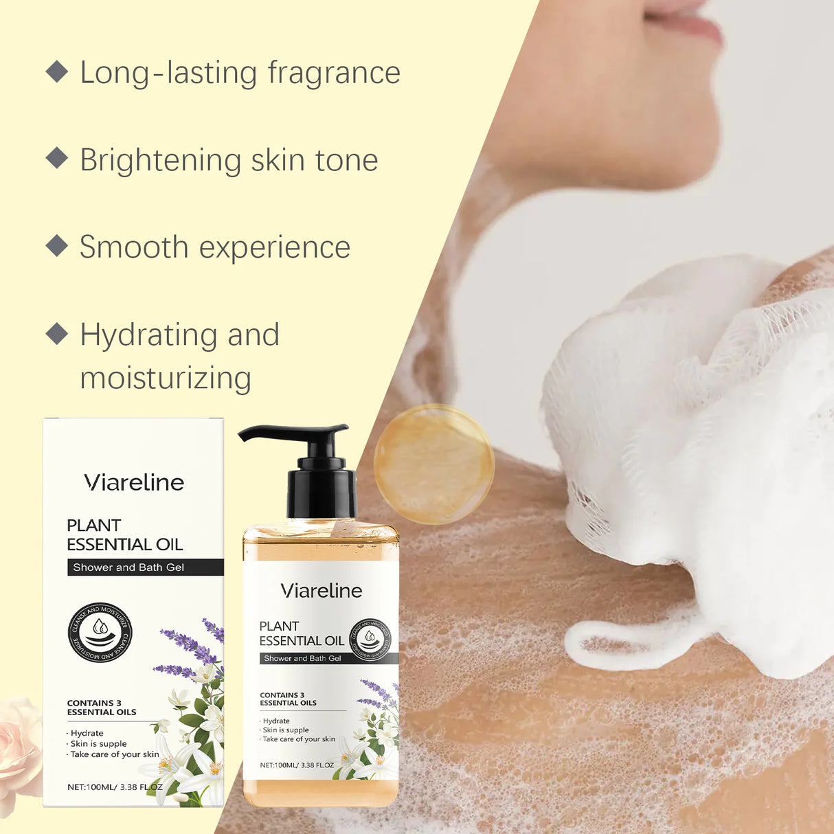 Viareline plant essential oil shower and bath gel with packaging, showing a person using it on their skin.