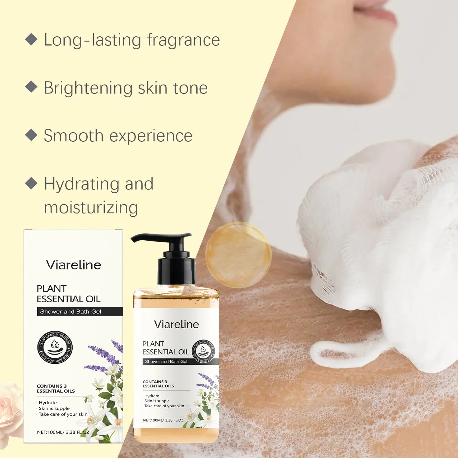 Viareline plant essential oil shower and bath gel with packaging, showing a person using it on their skin.