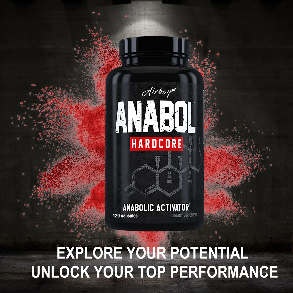 Black supplement bottle labeled 'Anabol Hardcore' with red powder splash on a dark background