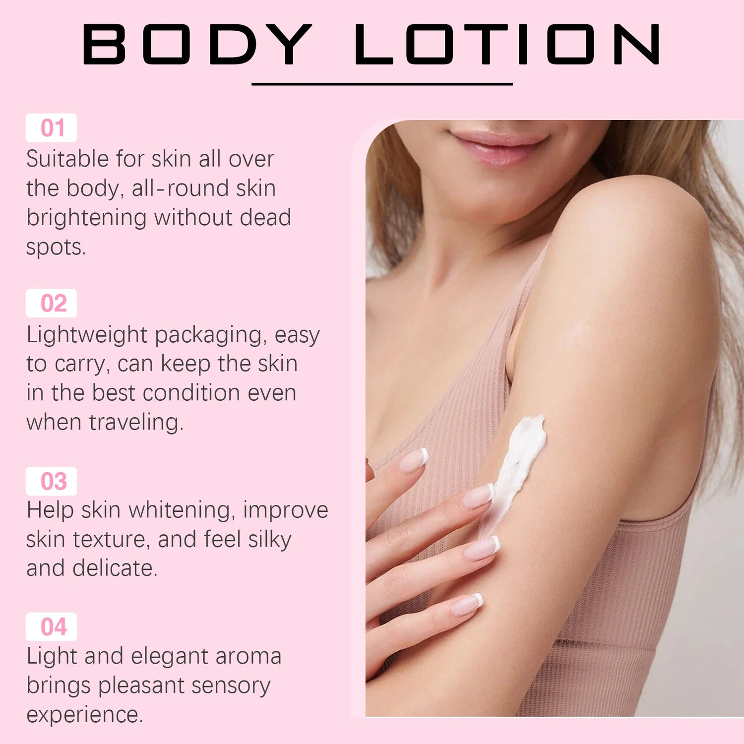 Body lotion advertisement with text and a woman applying lotion to her arm.