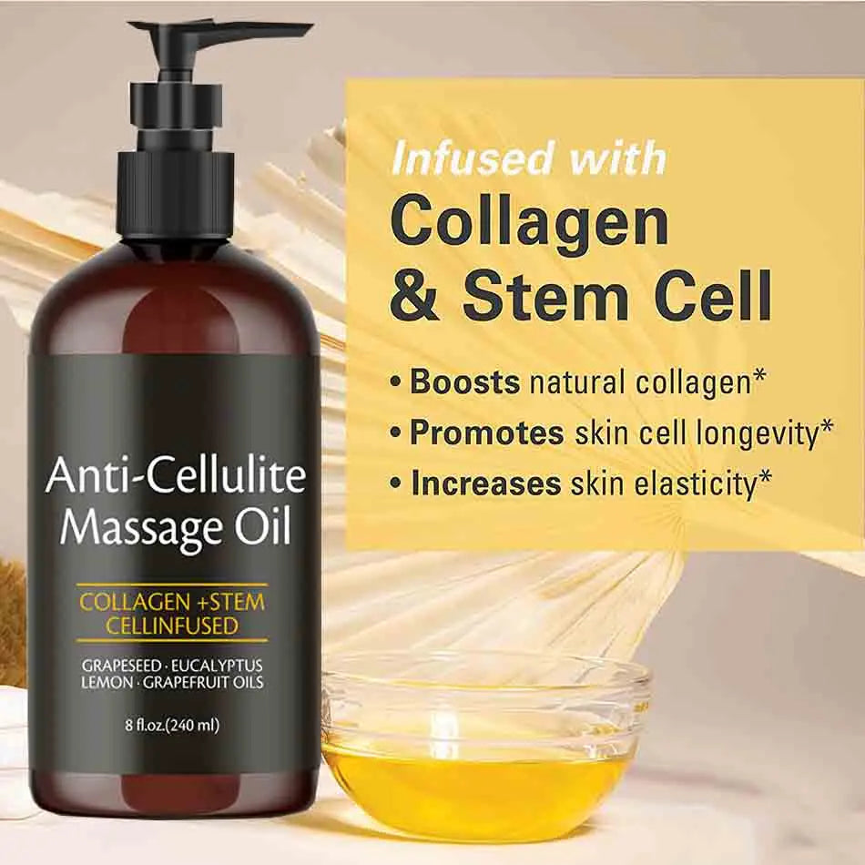 Anti-cellulite massage oil bottle with pump and glass container on a beige background, featuring text about collagen and stem cell benefits.