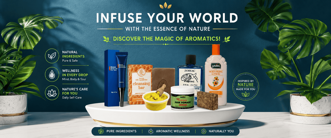Promotional banner for a brand with natural products and plants, featuring text about infusing the world with nature's essence.