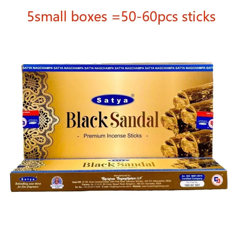 Box of Satya Black Sandal incense sticks with product details on a white background