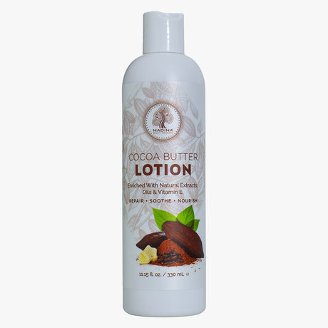 Cocoa butter lotion bottle with branding on a white background