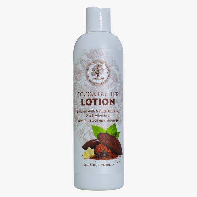 Cocoa butter lotion bottle with branding on a white background