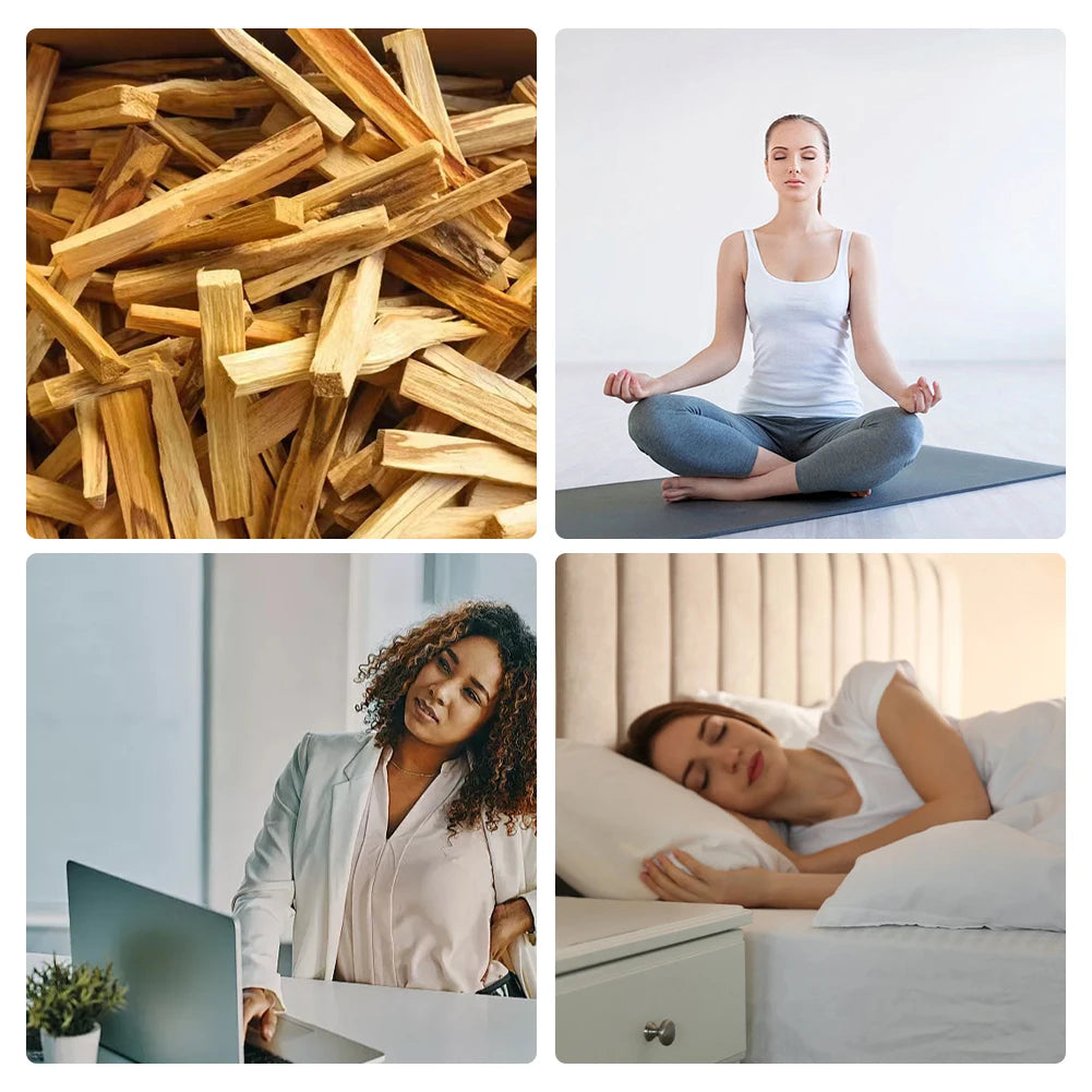 Collage of images including wooden planks, a person meditating, a woman working on a laptop, and a person sleeping.