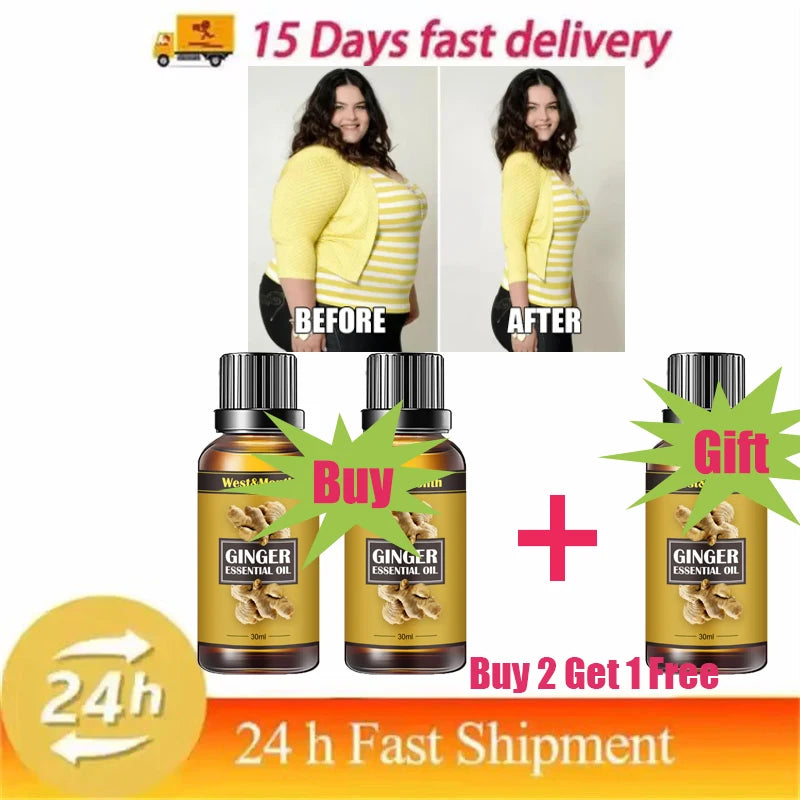 Advertisement for Ginger Essential Oil with 'Before' and 'After' images of a woman, product packaging, and promotional text.