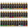 Collection of MayJam essential oil bottles with various colors and labels on a white background.