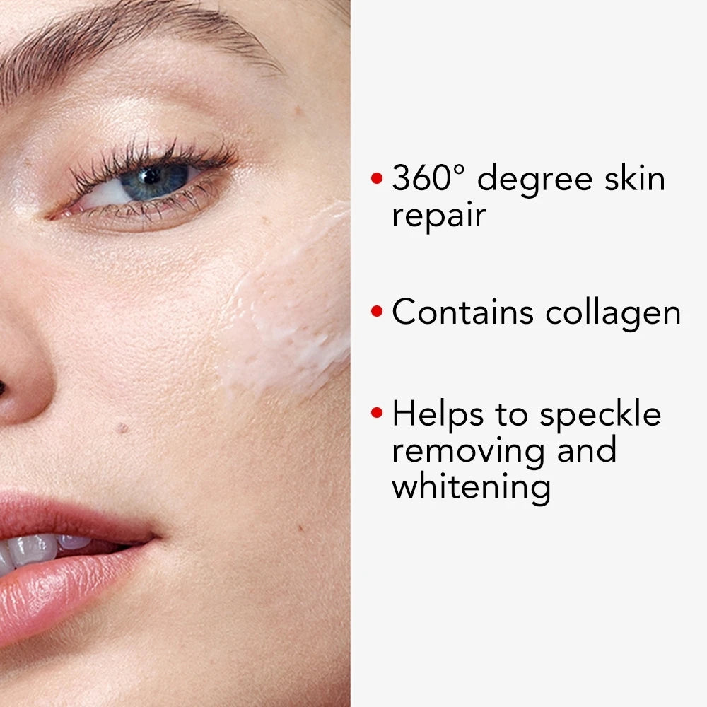 Close-up of a person's face with text highlighting skin repair benefits.