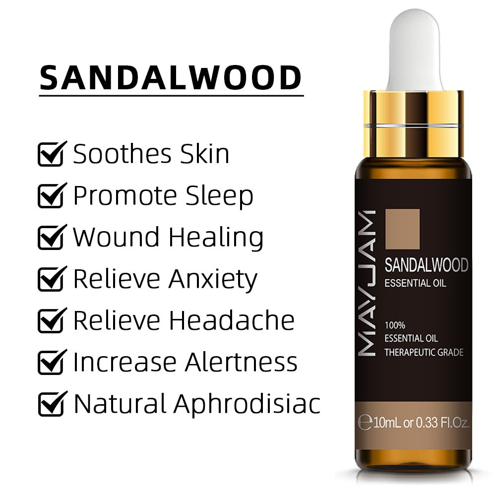 Sandalwood essential oil bottle with listed benefits on a white background