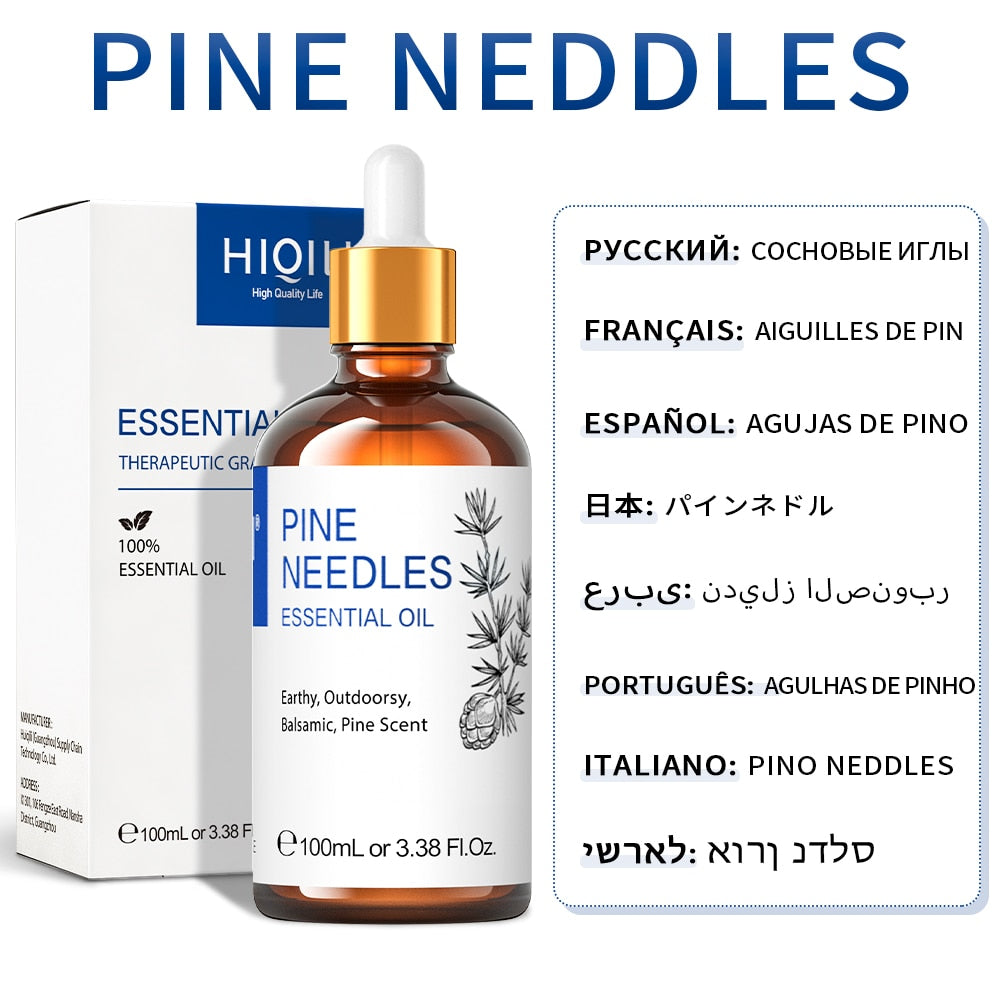 Bottle of pine needles essential oil with packaging and multilingual labels.