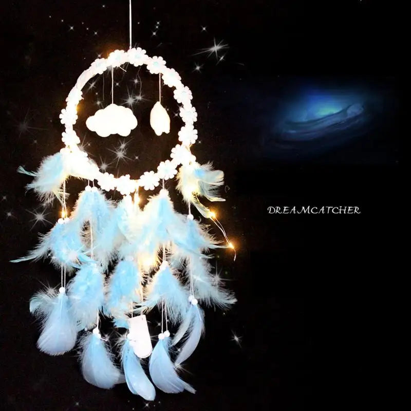 White dreamcatcher with feathers and lights against a dark background