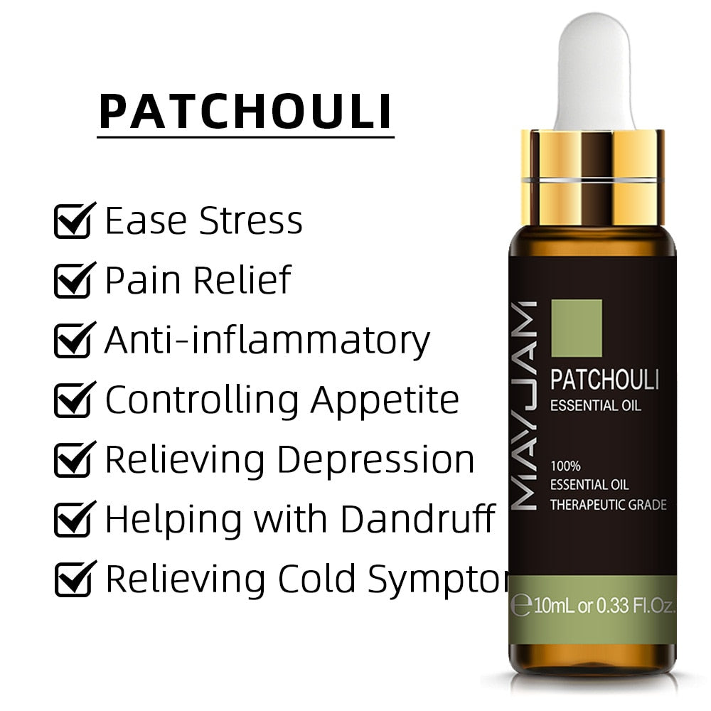 Patchouli essential oil bottle with listed benefits on a white background