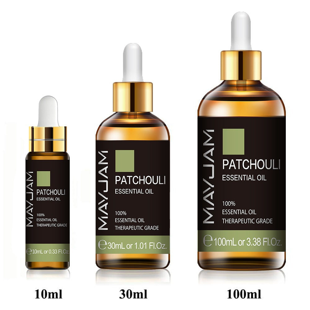 Three bottles of MayJam Patchouli Essential Oil in different sizes on a white background.