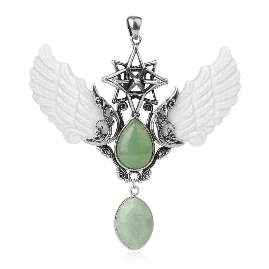 Pendant with wings and green stone on a white background