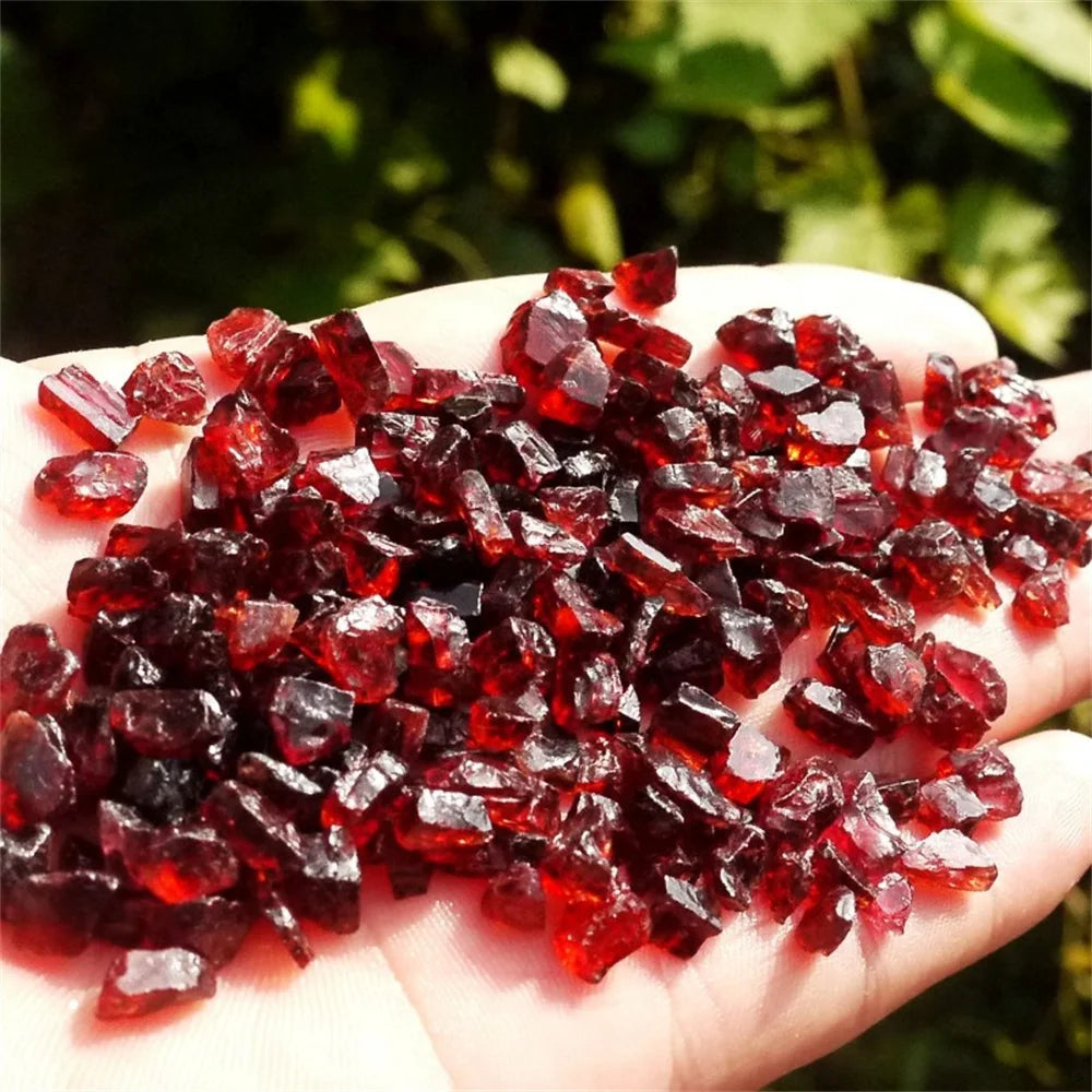 Hand holding red garnet stones with a blurred green background