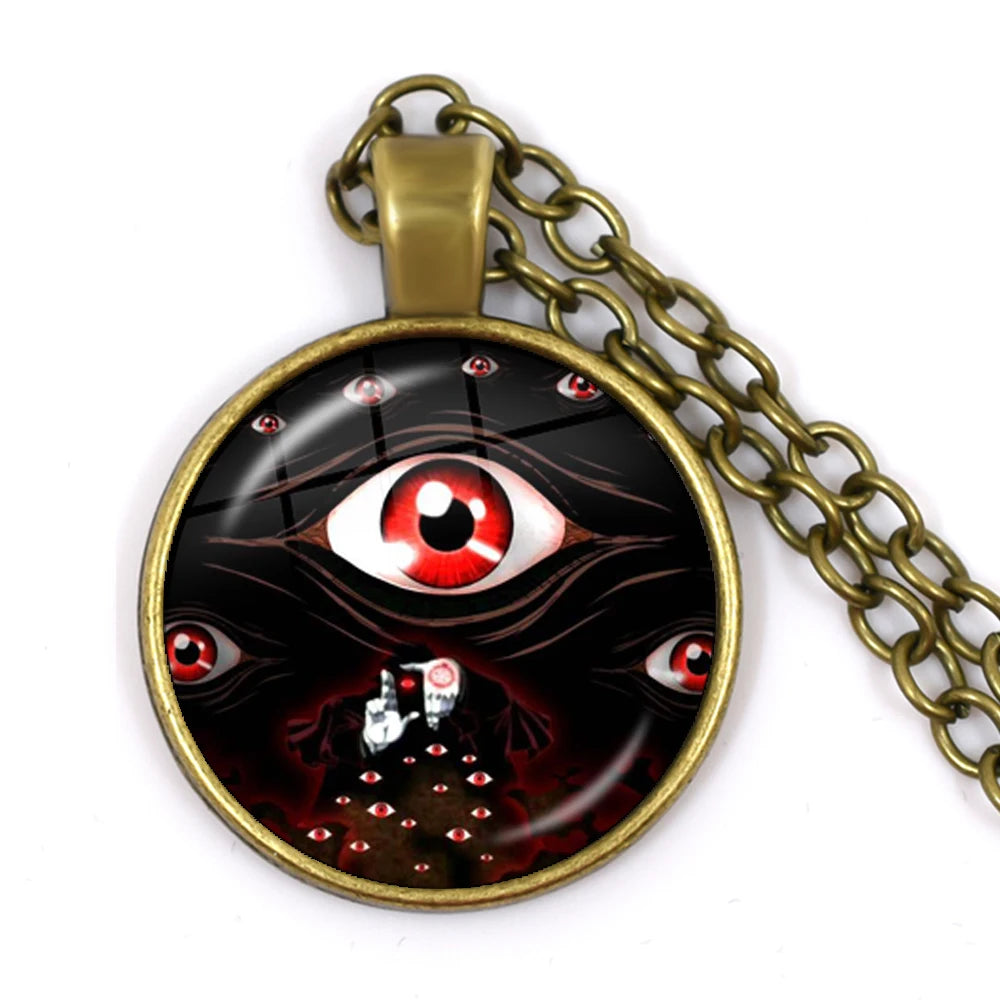 Pendant with eye design and chain on a white background