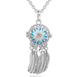 Silver dreamcatcher necklace with blue center and feathers, brand 'Eudora' visible.