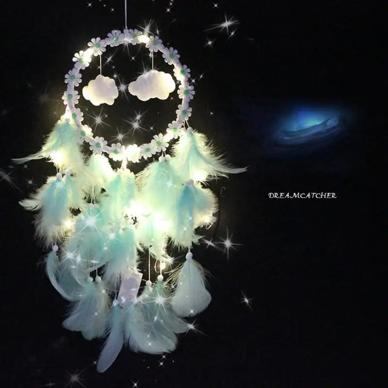 Decorative dreamcatcher with feathers and lights on a dark background