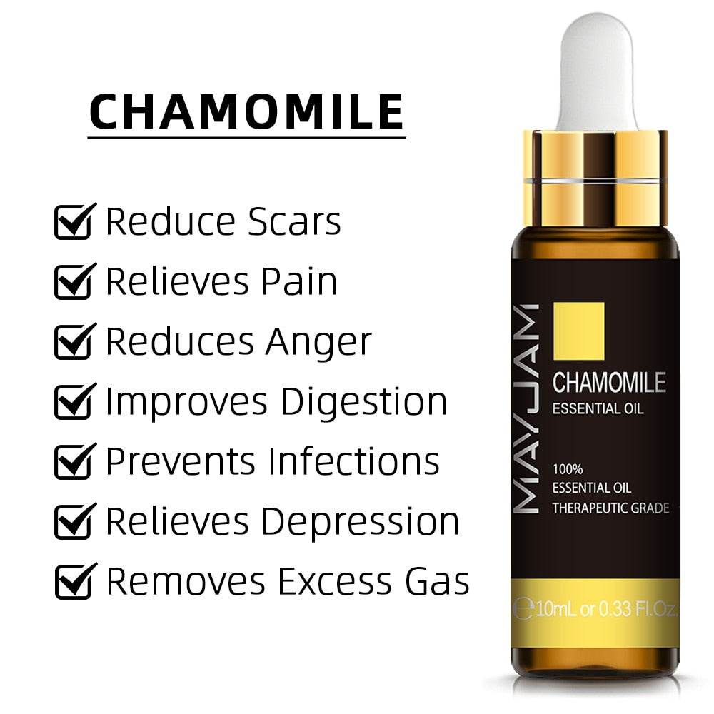 Mayuam Chamomile essential oil bottle with listed benefits on a white background