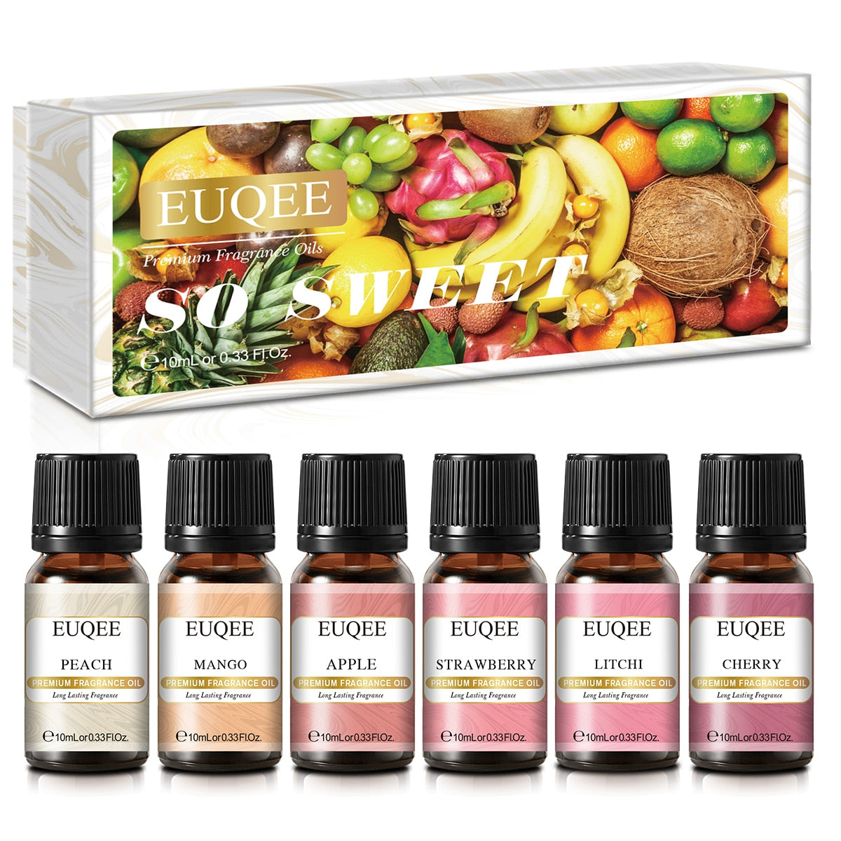EUQEE essential oil set with fruit-themed packaging