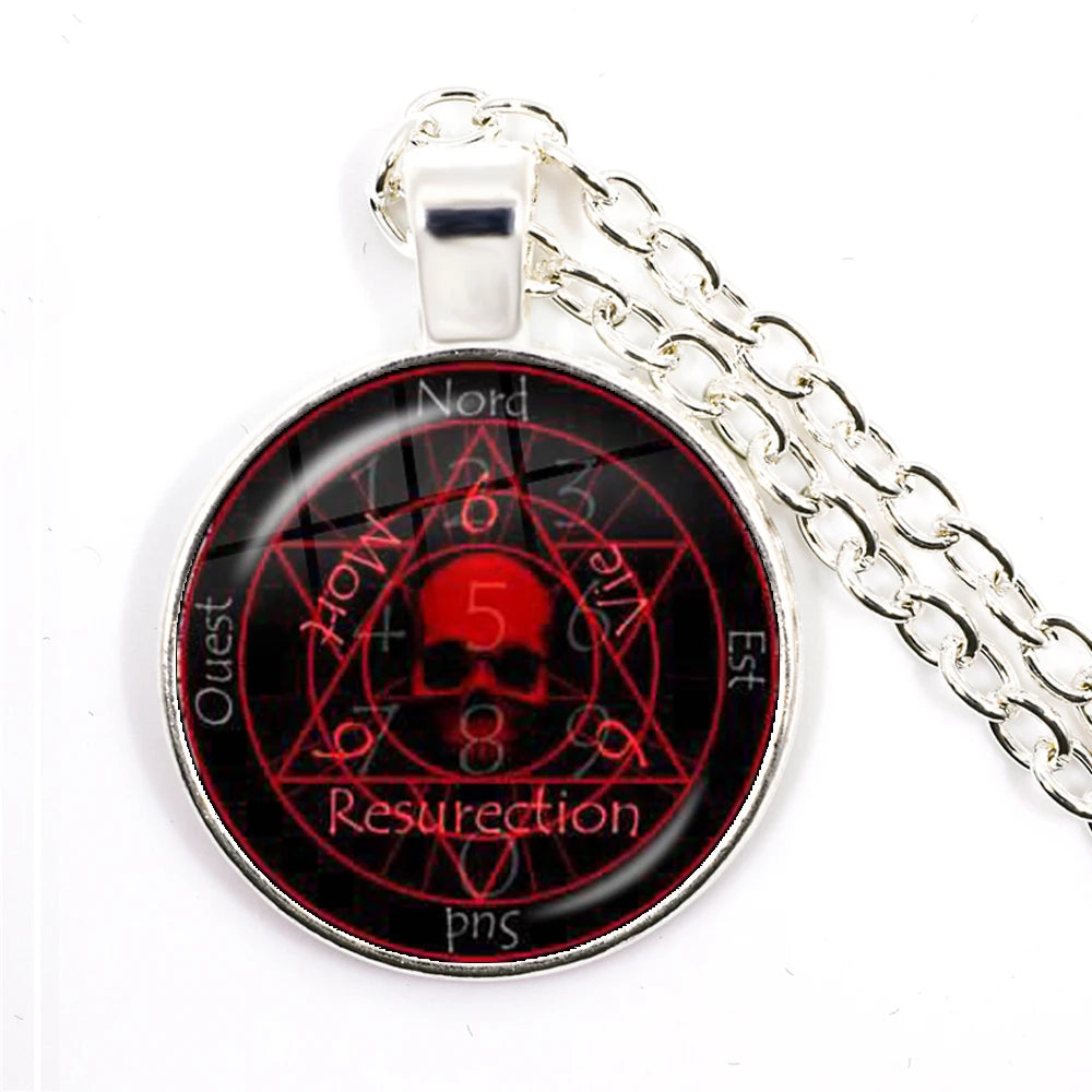 Pendant with red skull design and text on a white background