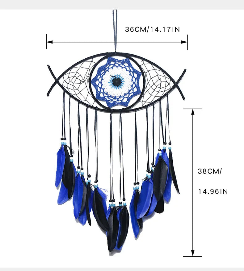 Dreamcatcher with blue and black feathers and measurements on a white background