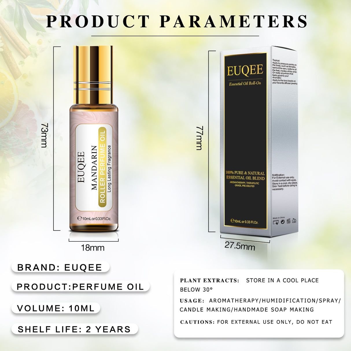 EUQEE Mandarin Roller Perfume Oil with packaging and product parameters on a light background