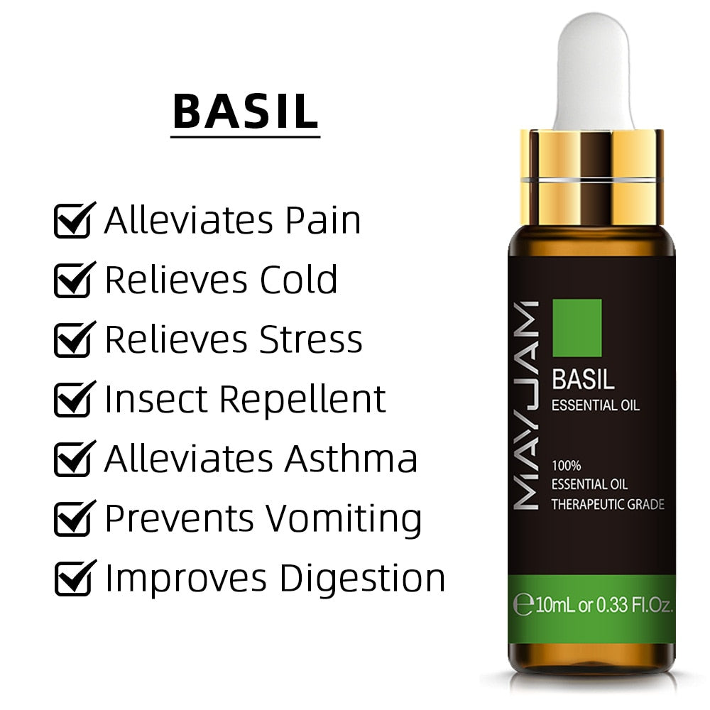 Basil essential oil bottle with listed benefits on a white background