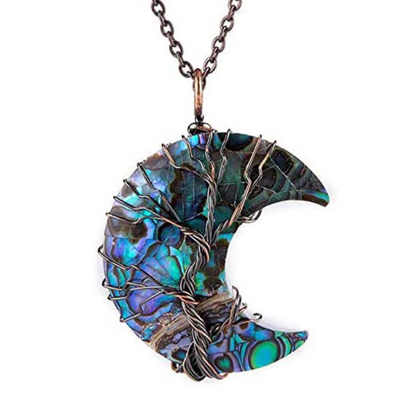 Colorful crescent moon-shaped pendant with a chain on a white background