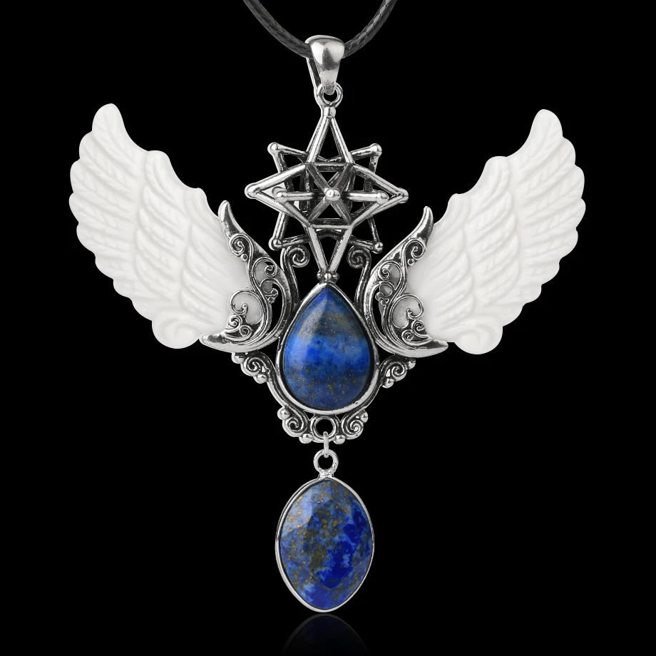 Pendant with wings and star design on a black background