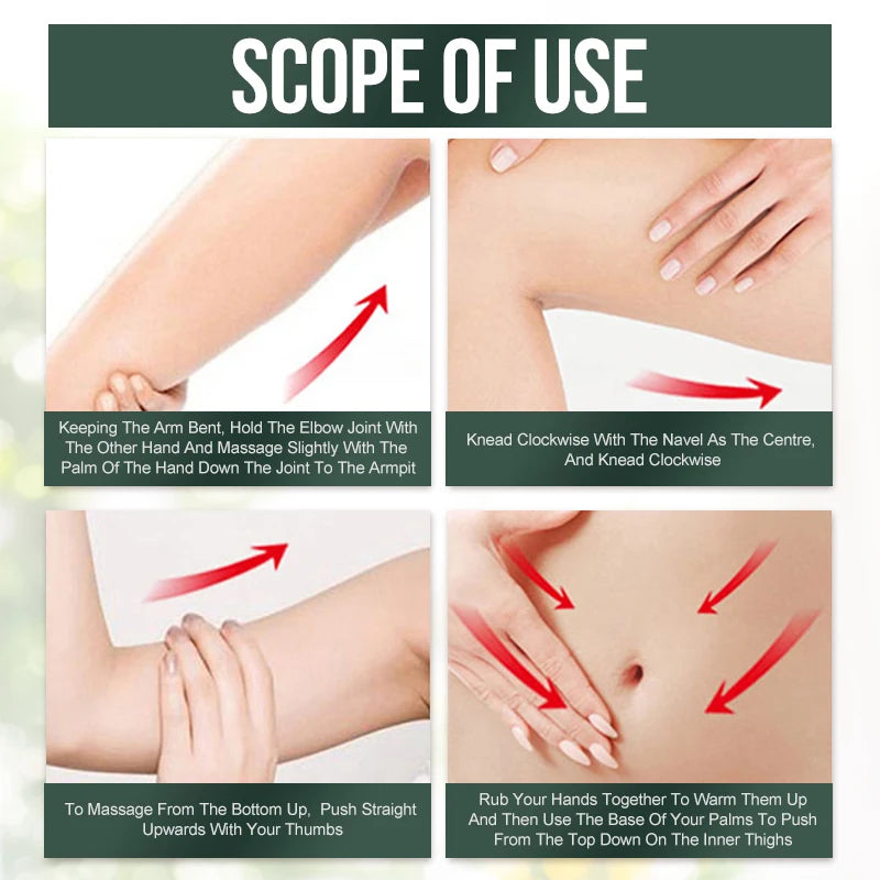 Instructions for massage on different parts of the body with red arrows indicating movements.