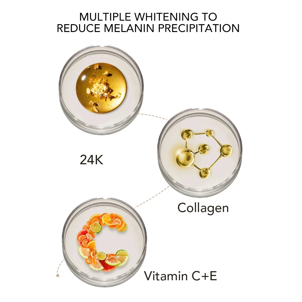 Diagram showing ingredients for skin whitening with gold, collagen, vitamin C, and E.