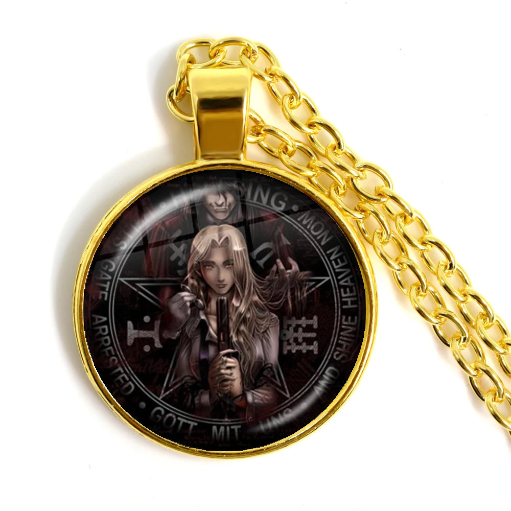 Gold chain necklace with a pendant featuring an illustration of a person with long hair and text.
