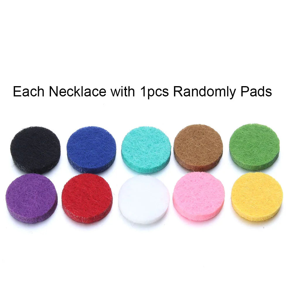 Assorted colored round pads on a white background with text indicating they come with each necklace.