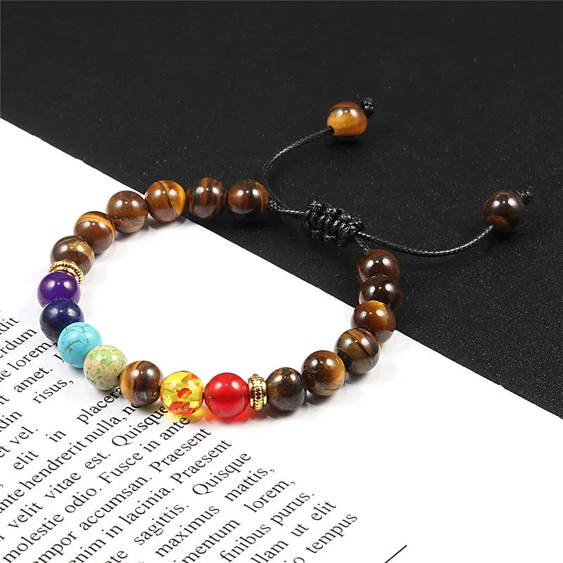 Multicolored beaded bracelet on a black and white background