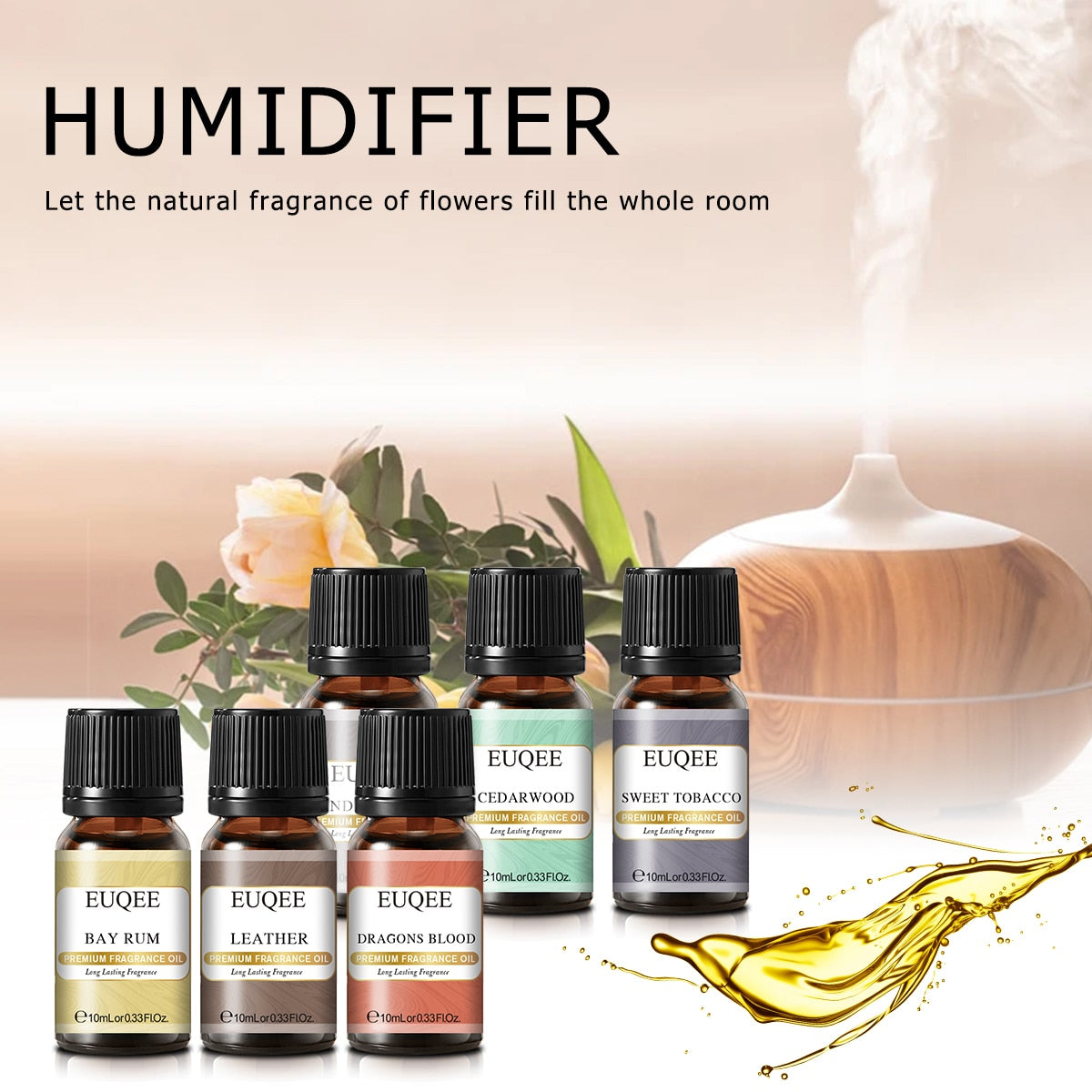 Set of Euqee essential oil bottles with a humidifier and floral background