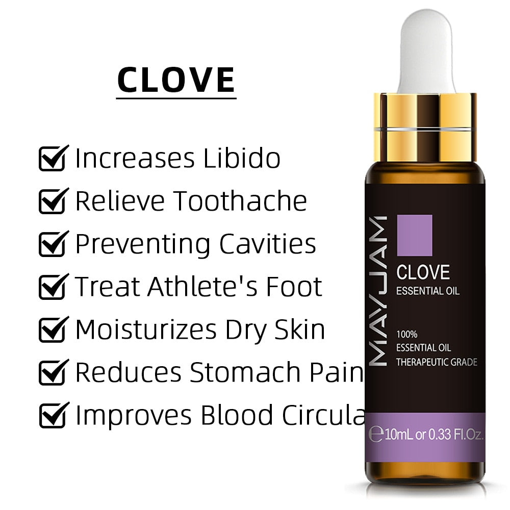 MayuJam Clove Essential Oil bottle with listed benefits on a white background